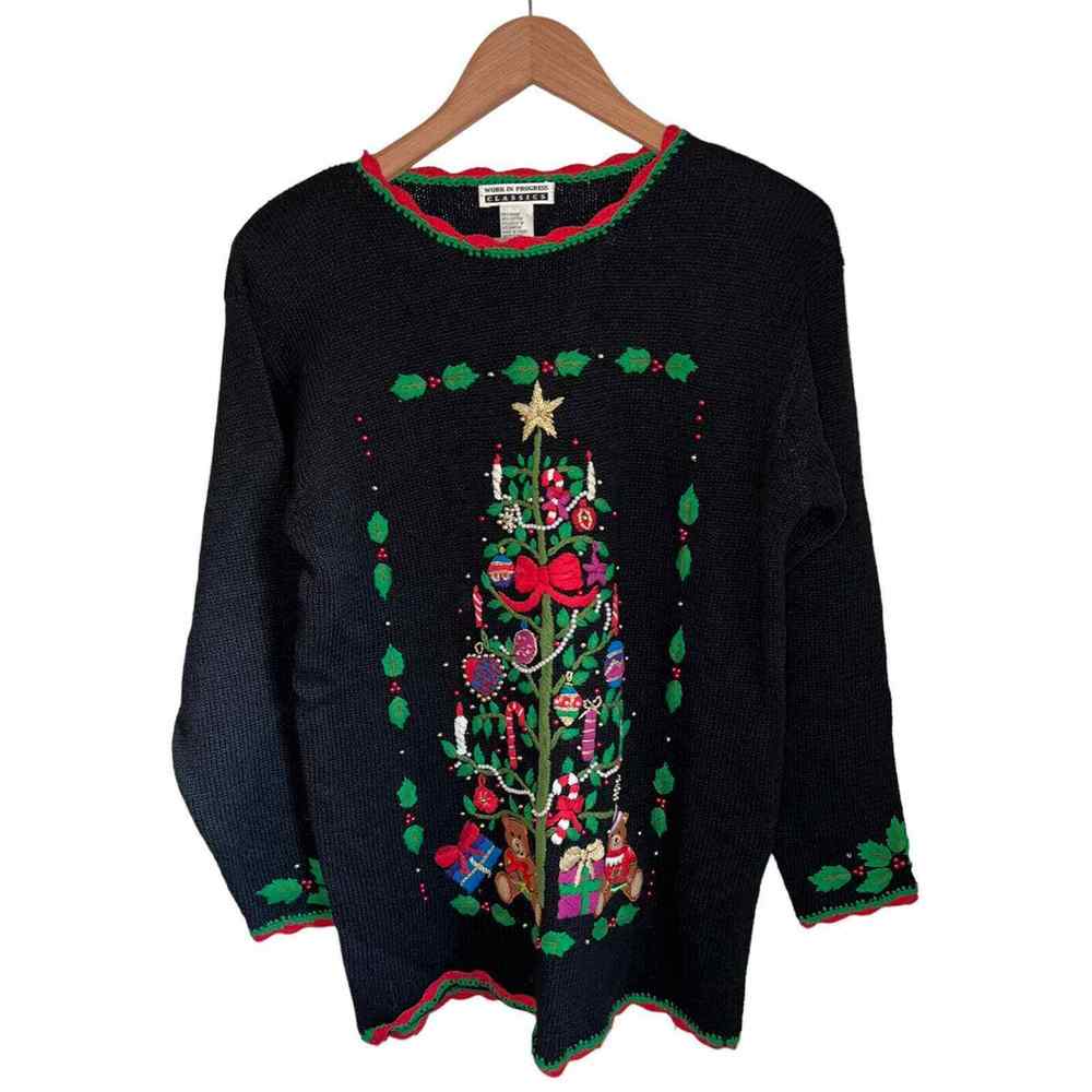 VTG Christmas Tree Bears Black Appliqué Beaded Ugly Sweater M Work In Progress
